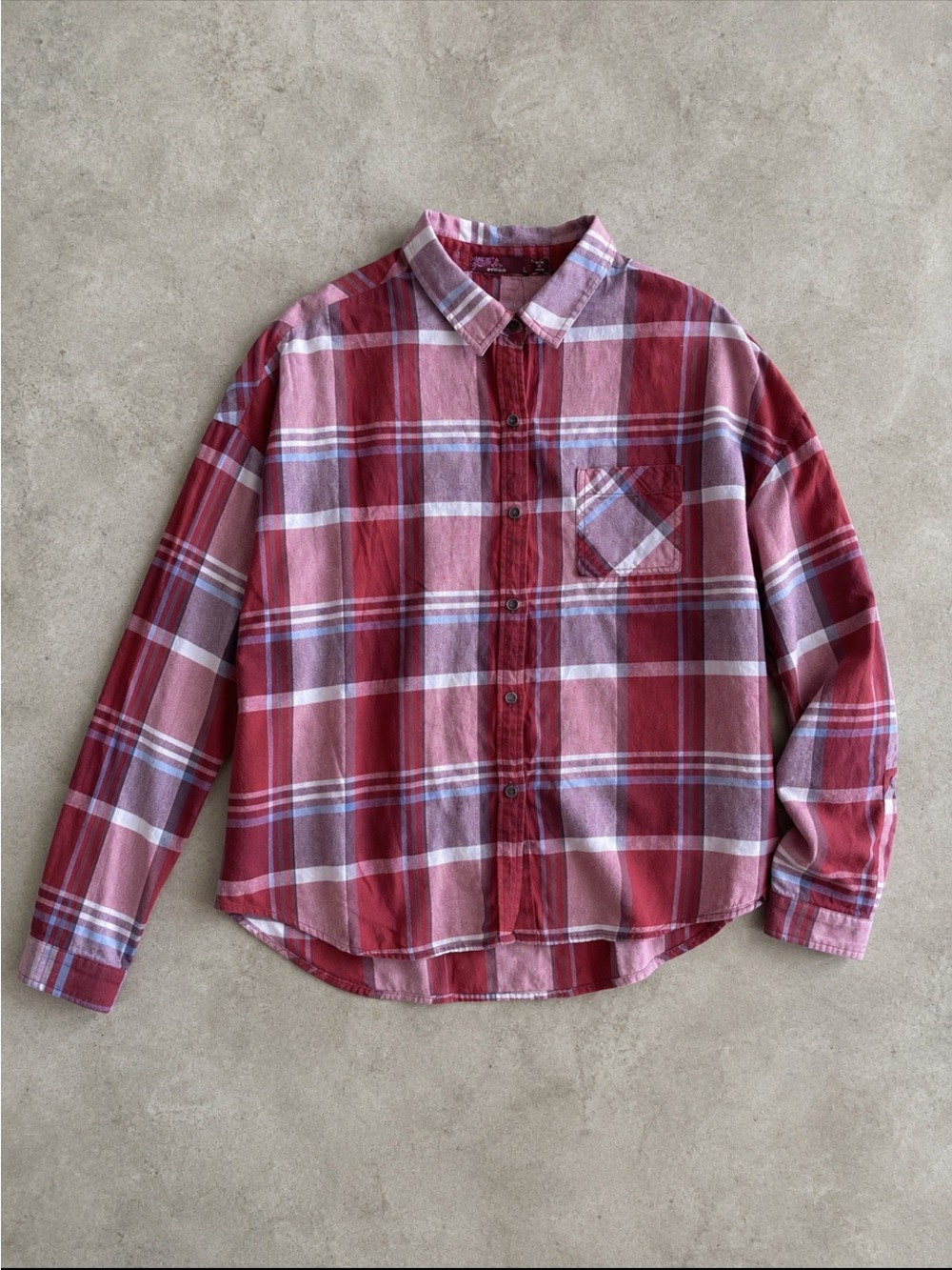PRAna Plaid Button Down Shirt Women’s Large Roll Tab Long Sleeve Cotton Gorpcore